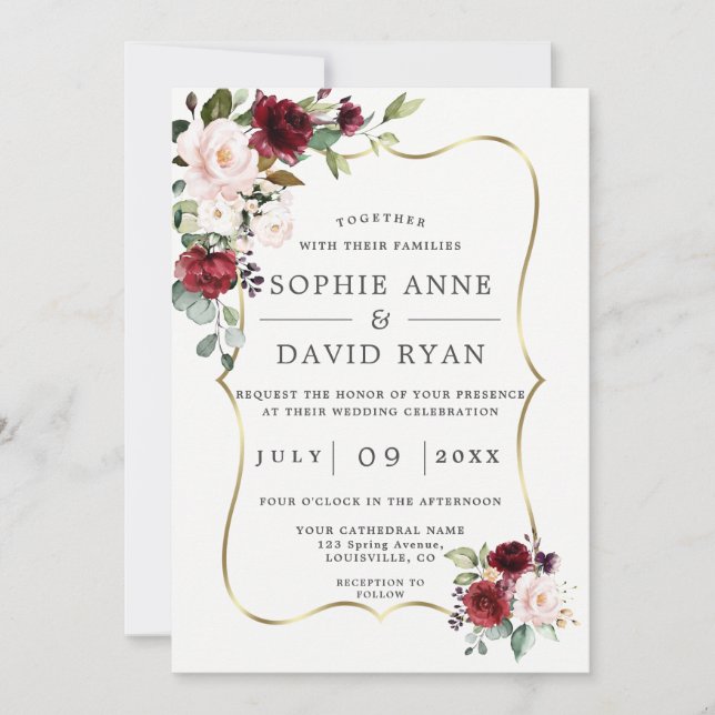 Invitación Elegante Boda de armazón dorado de flores rosadas  (Anverso)