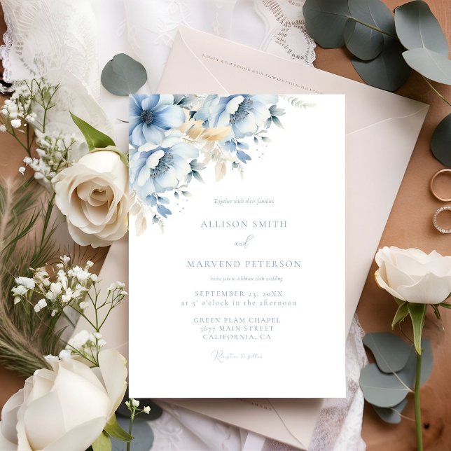 Invitación Elegante Boda de armazón geométrico floral azul (Subido por el creador)