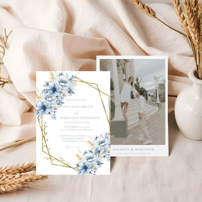 Invitación Elegante Boda de armazón geométrico floral azul (Subido por el creador)