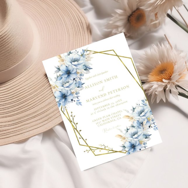 Invitación Elegante Boda de armazón geométrico floral azul (Subido por el creador)