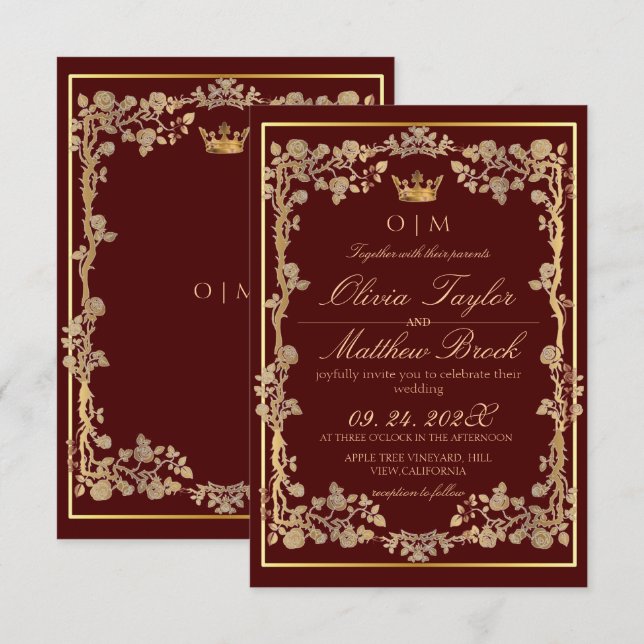 Invitación Elegante Boda de armazones de Borgoña y Ornato de  (Anverso / Reverso)