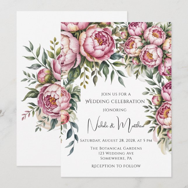 Invitación Elegante Boda de arreglos florales de Peony (Anverso / Reverso)