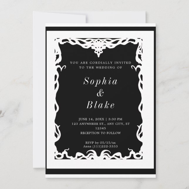 Invitación Elegante Boda de Art Deco Negro y Blanco (Anverso)