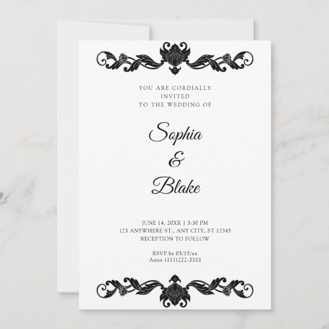 Invitación Elegante Boda de Art Deco Negro y Blanco (Anverso)