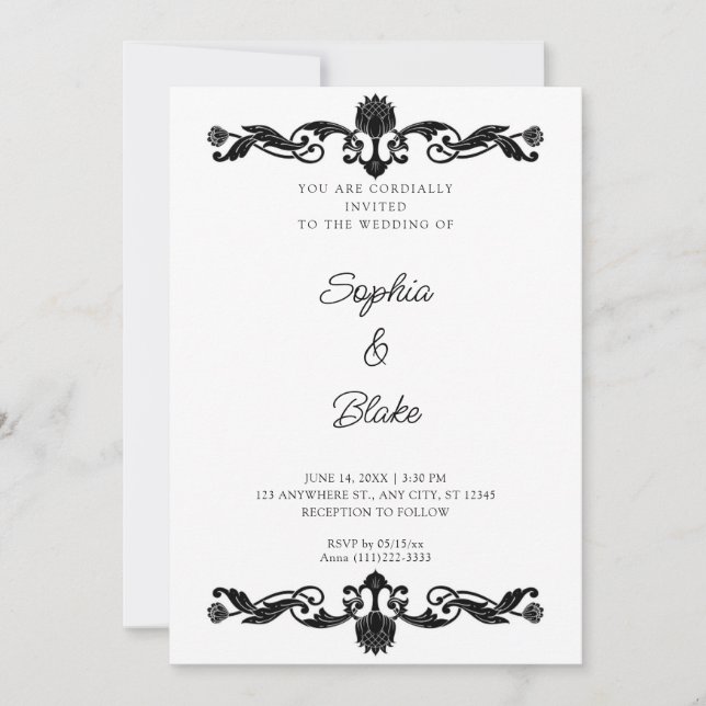 Invitación Elegante Boda de Art Deco Negro y Blanco (Anverso)