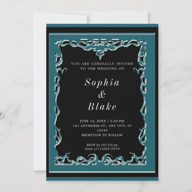 Invitación Elegante Boda de Art Deco negro y verde oscuro (Anverso)