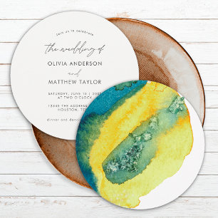 Invitación Elegante Boda de Arte Acuarela Azul Amarillo Chic