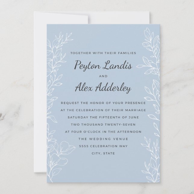 Invitación Elegante Boda de Arte de la Línea Botánica Azul Du (Anverso)