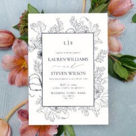 Invitación Elegante Boda de arte de la línea floral azul de l