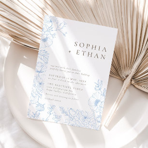 Invitación Elegante Boda de Arte de la Línea Floral Azul Fran