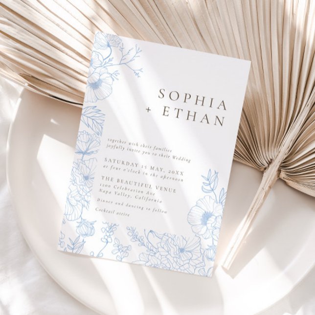 Invitación Elegante Boda de Arte de la Línea Floral Azul Fran (Subido por el creador)