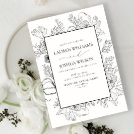 Invitación Elegante Boda de arte de la línea floral blanca bl