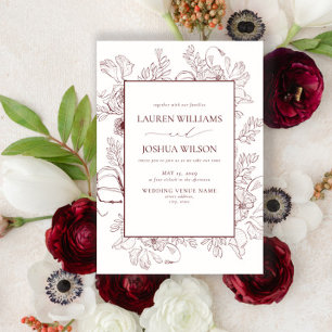 Invitación Elegante Boda de arte de la línea floral borgoñona