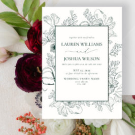 Invitación Elegante Boda de arte de la línea verde de flores 