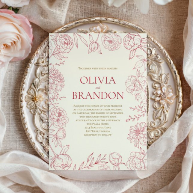 Invitación Elegante Boda de Arte de Línea Fronteriza Floral P (Subido por el creador)