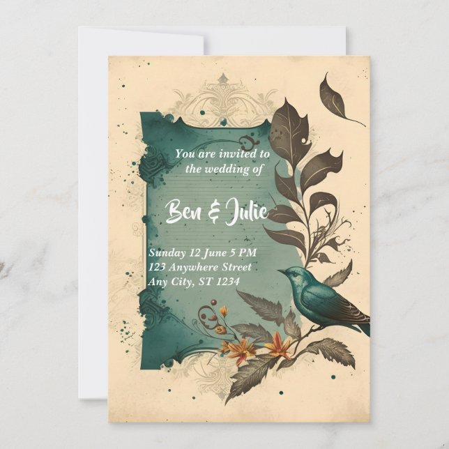 Invitación Elegante boda De Aves Azules Y Flores (Anverso)