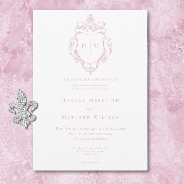 Invitación Elegante Boda de Aves y Escudos Chino (Elegant Pink Chinoiserie Bird & Crest Wedding Invitation)