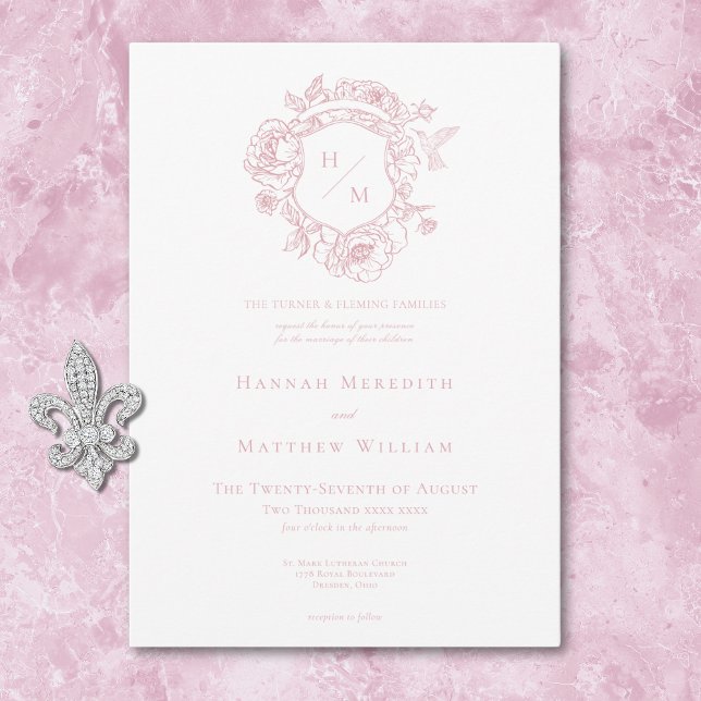 Invitación Elegante Boda de Aves y Escudos Chino (Elegant Pink Chinoiserie Bird & Crest Wedding Invitation)
