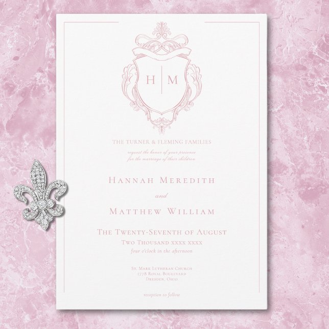 Invitación Elegante Boda de Aves y Escudos Chino (Elegant Pink Chinoiserie Bird & Crest Wedding Invitation)