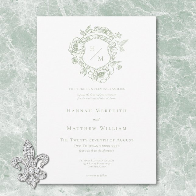 Invitación Elegante Boda de Aves y Escudos de Chinoiserie ver (Elegant Green Chinoiserie Bird & Crest Wedding Invitation)