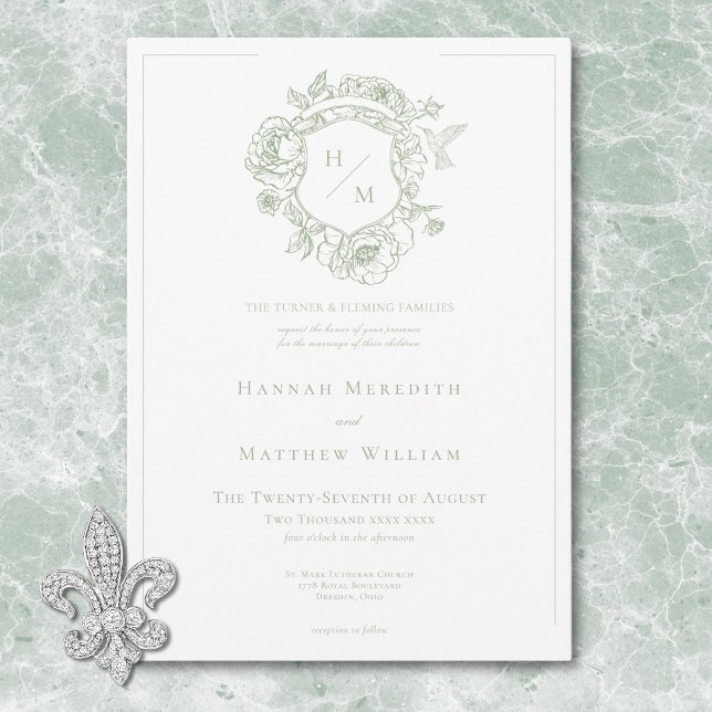 Invitación Elegante Boda de Aves y Escudos de Chinoiserie ver (Elegant Green Chinoiserie Bird & Crest Wedding Invitation)
