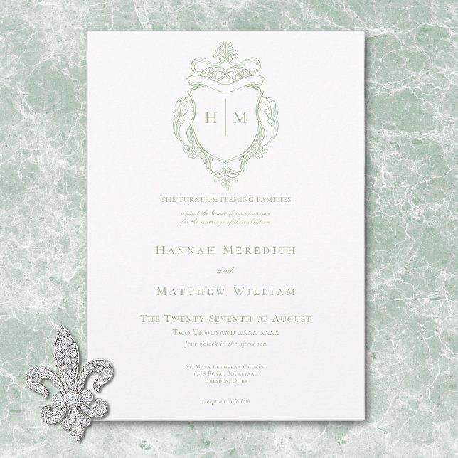 Invitación Elegante Boda de Aves y Escudos de Chinoiserie ver (Elegant Green Chinoiserie Bird & Crest Wedding Invitation)