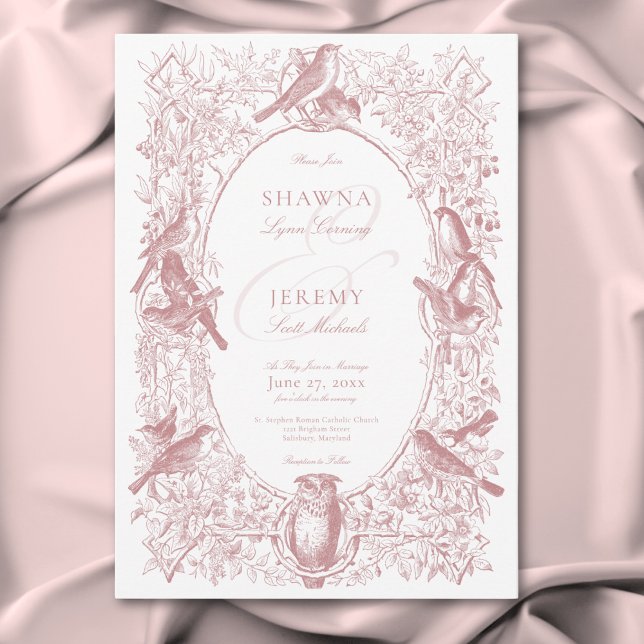 Invitación Elegante Boda de Aves y Naturaleza de Chinoiserie  (Elegant Pink Chinoiserie Nature & Birds Wedding Invitation)