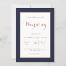 Elegante boda de azul marino y blanco con rosa dor