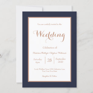 Invitación Elegante boda de azul marino y blanco con rosa dor