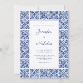 Invitación Elegante Boda de azulejos azules mediterráneos