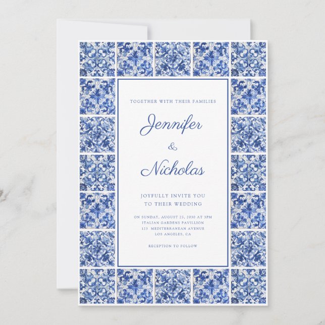 Invitación Elegante Boda de azulejos azules mediterráneos (Anverso)