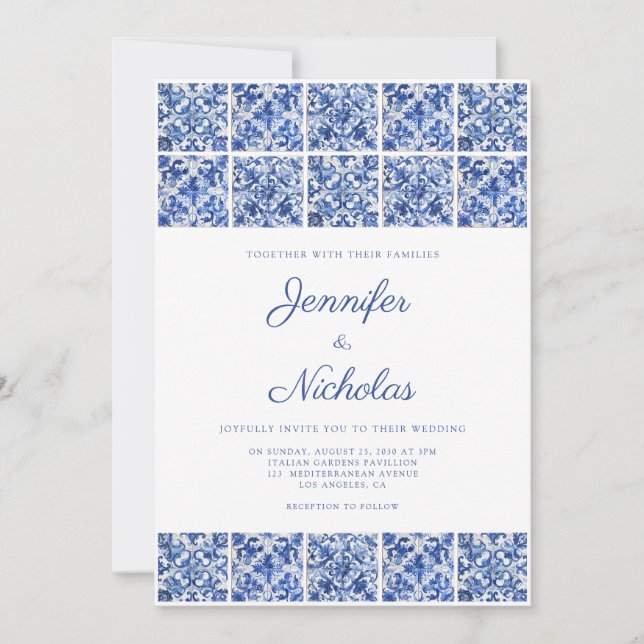 Invitación Elegante Boda de azulejos azules mediterráneos (Anverso)