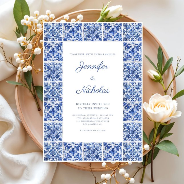 Invitación Elegante Boda de azulejos azules mediterráneos (Elegant Mediterranean Blue Tiles Wedding Invitation)
