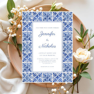 Invitación Elegante Boda de azulejos azules mediterráneos