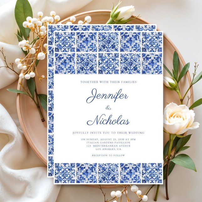 Invitación Elegante Boda de azulejos azules mediterráneos (Elegant Mediterranean Blue Tiles Wedding Invitation)