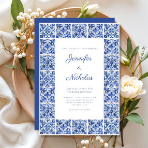 Invitación Elegante Boda de azulejos azules mediterráneos