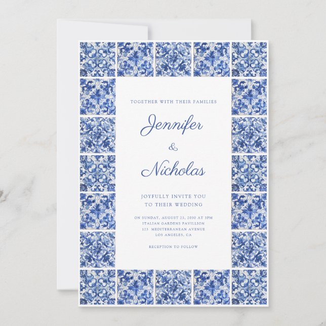 Invitación Elegante Boda de azulejos azules mediterráneos (Anverso)