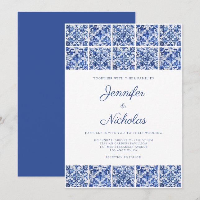 Invitación Elegante Boda de azulejos azules mediterráneos (Anverso / Reverso)