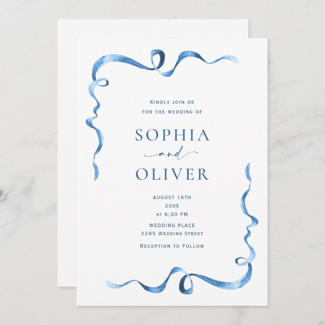 Invitación Elegante Boda de barniz azul turbio (Anverso / Reverso)