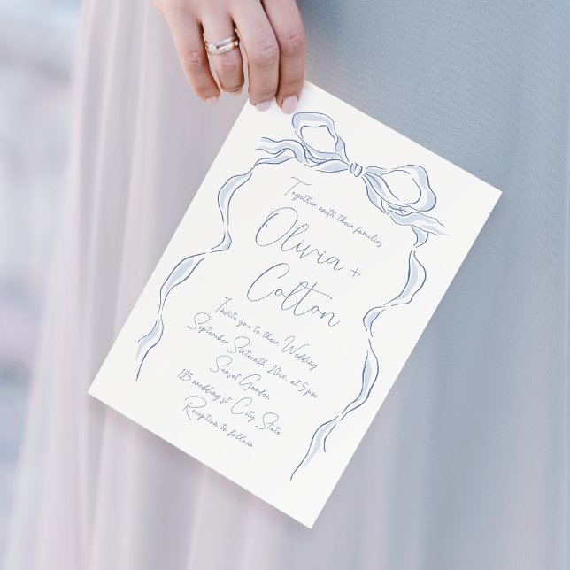 Invitación Elegante Boda de barniz azul turbio (Elegant Dusty Blue Hand Drawn Bow Wedding Invitation)