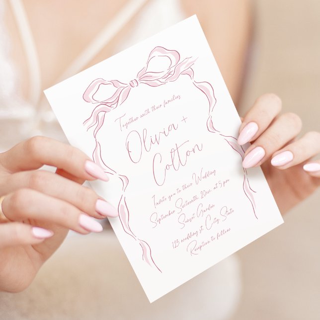 Invitación Elegante Boda de barniz rosa de mano rosada pastel (Elegant Pastel Pink Hand Drawn Bow Wedding Invitation)