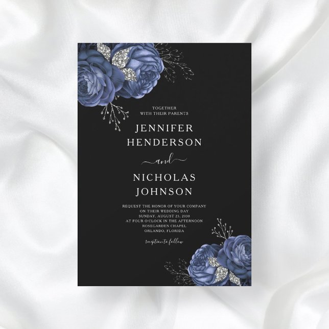 Invitación Elegante Boda de Black Blue Peonies (Subido por el creador)