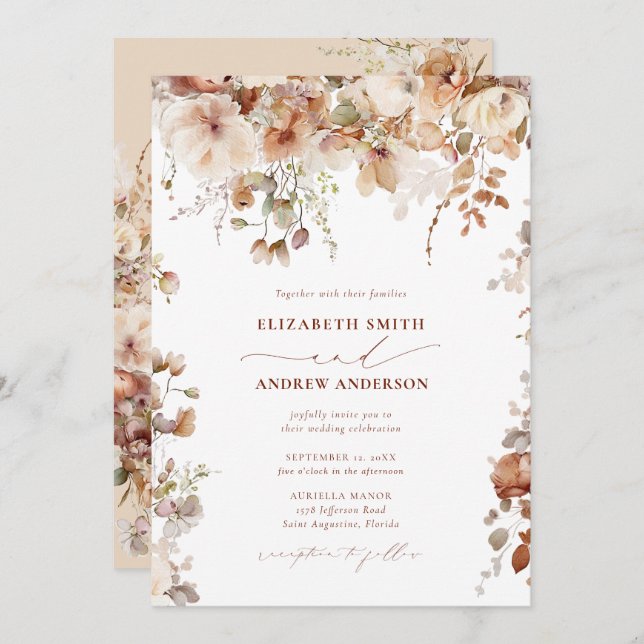 Invitación Elegante Boda de Boho Floral (Anverso / Reverso)