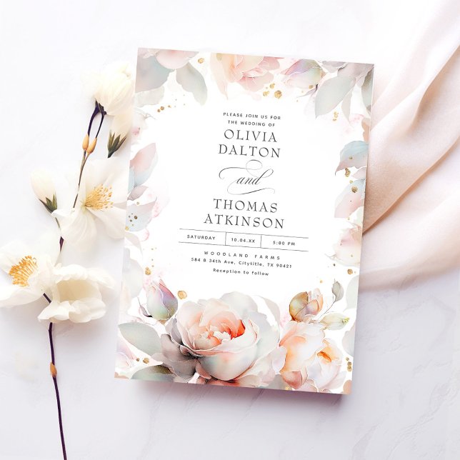Invitación Elegante Boda de Boho floral suave rosa y rosa (Botanical Roses Romantic Wedding Invitations)
