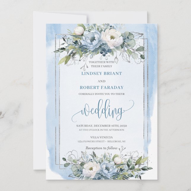 Invitación Elegante Boda de Boho Pastel Blue Silver Peonies (Anverso)