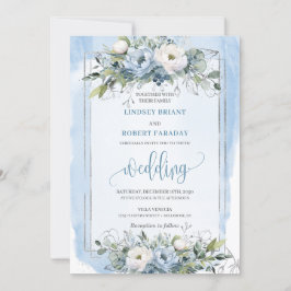 Invitación Elegante Boda de Boho Pastel Blue Silver Peonies
