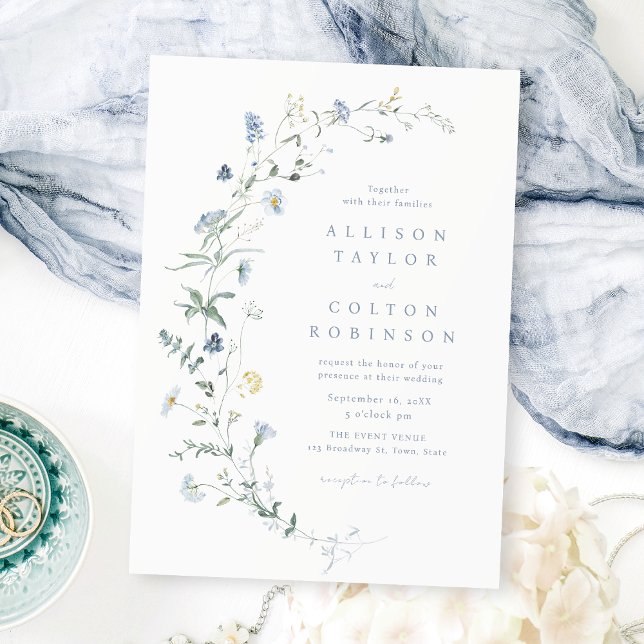 Invitación Elegante Boda de Boho Rústico Dusty Blue Wildflowe (Elegant Dusty Blue Wildflower Rustic Boho Wedding Invitation)