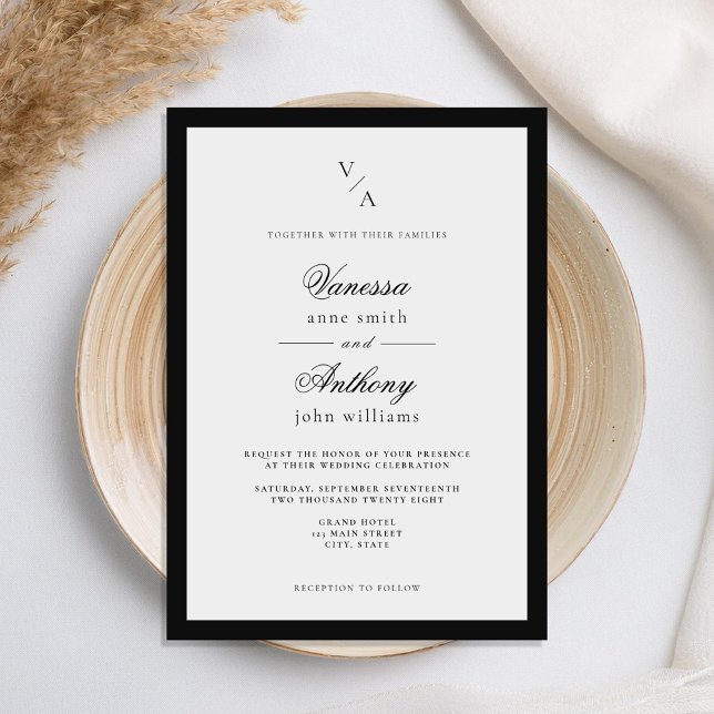 Invitación Elegante Boda de borde blanco y negro clásico (Subido por el creador)