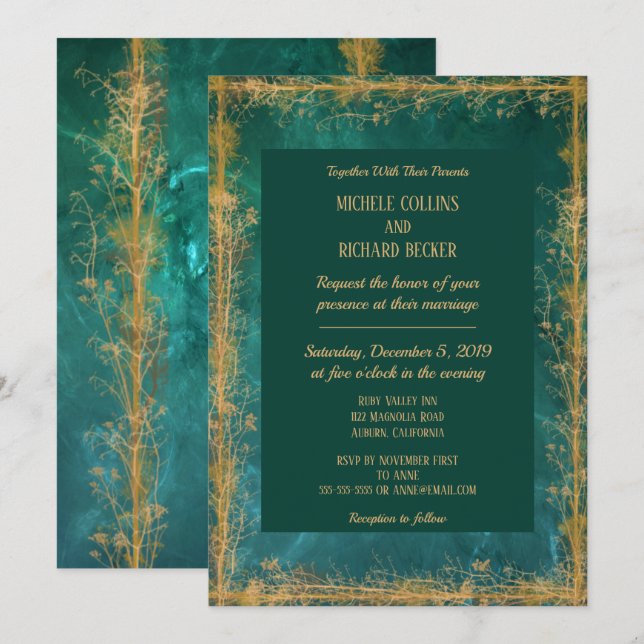 Invitación Elegante Boda de borde botánico de oro (Anverso / Reverso)