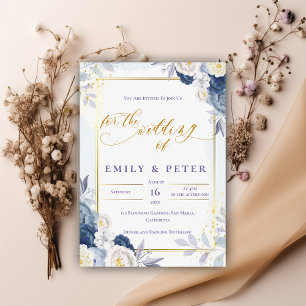 Invitación Elegante Boda de borde dorado con flores azules